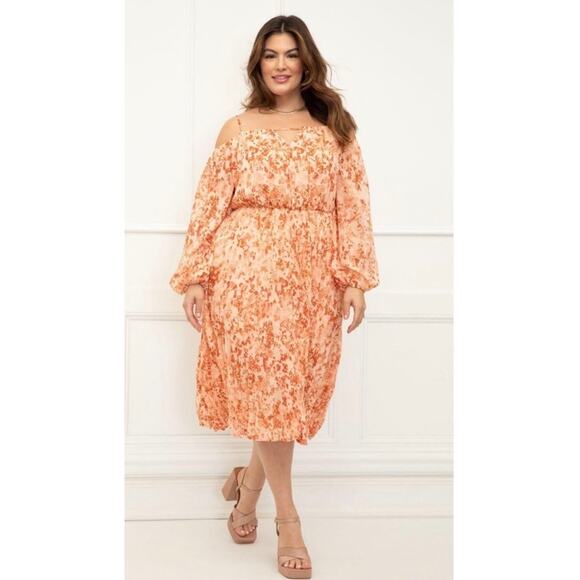 ELOQUII Pleated Off The Shoulder Midi Dress Crinkle Chiffon Long Sleeve NWT 16W - Picture 2 of 8